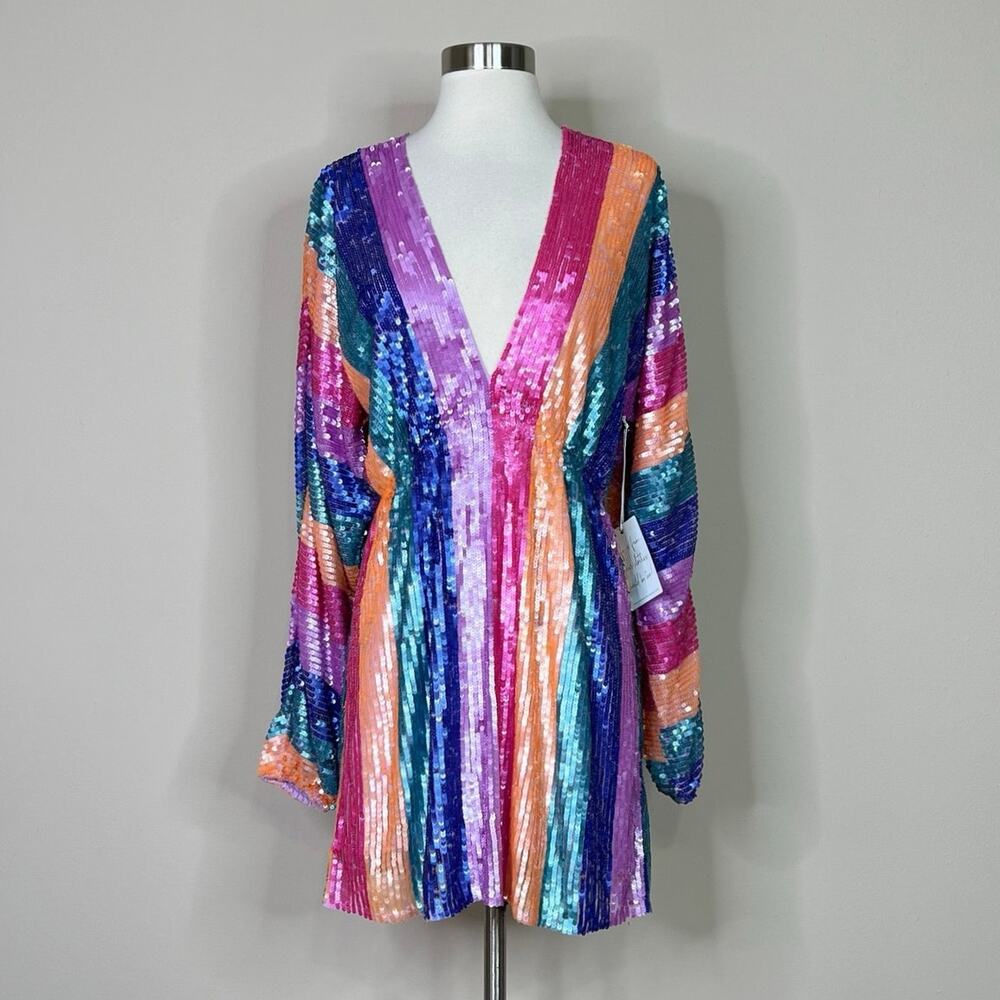 NEW Show Me Your Mumu | Kidman Neon Stripe Sequin Long Sleeve Mini Dress M NWT - Picture 2 of 10